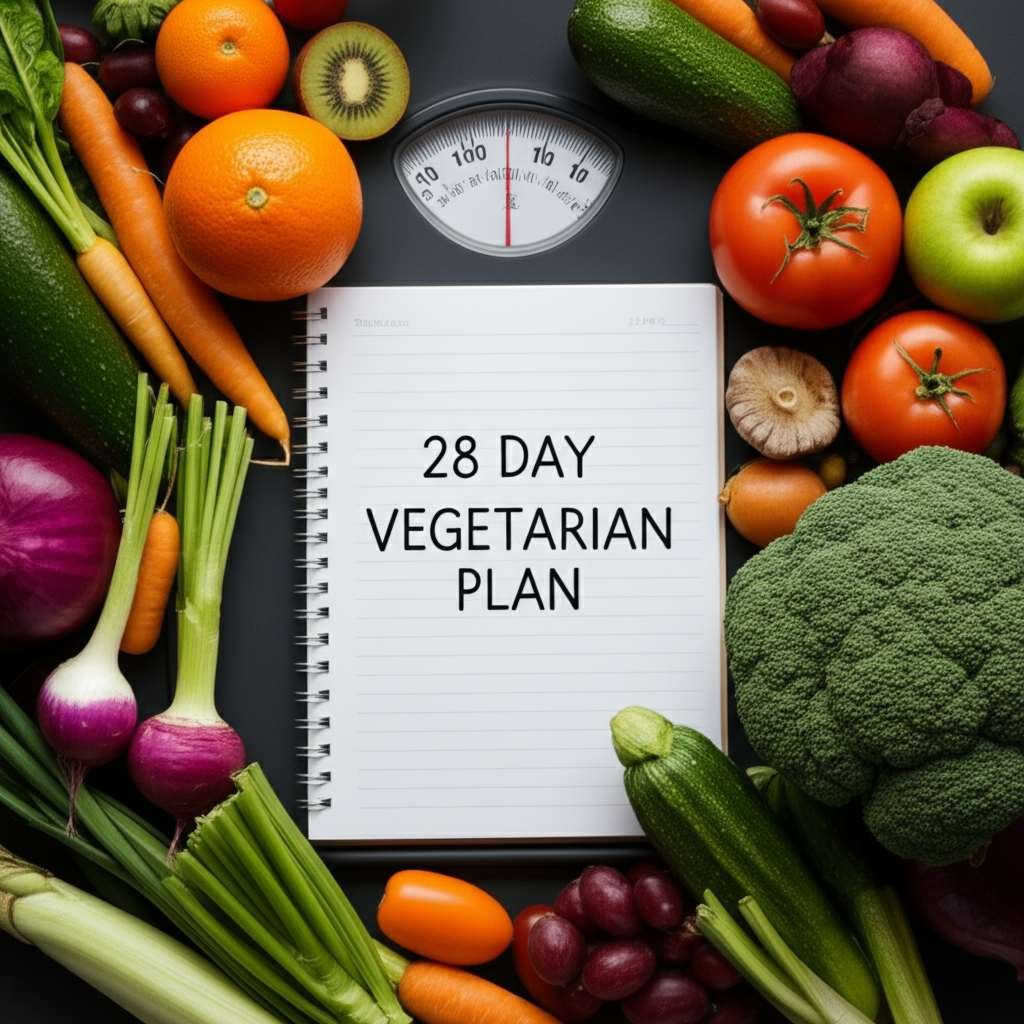 Generate a high-quality, relevant image prompt for an article about: 28 Day Vegetarian Diet Plan: Am