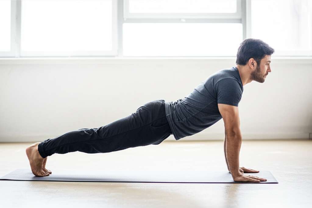 Generate a high-quality, relevant image prompt for an article about: 7 Yoga Poses For Men: Lose Bell