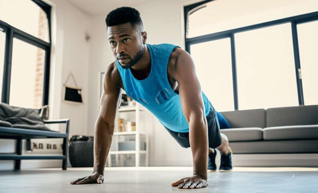 Generate a high-quality, relevant image prompt for an article about: 10 Home Workouts For Men: Lose