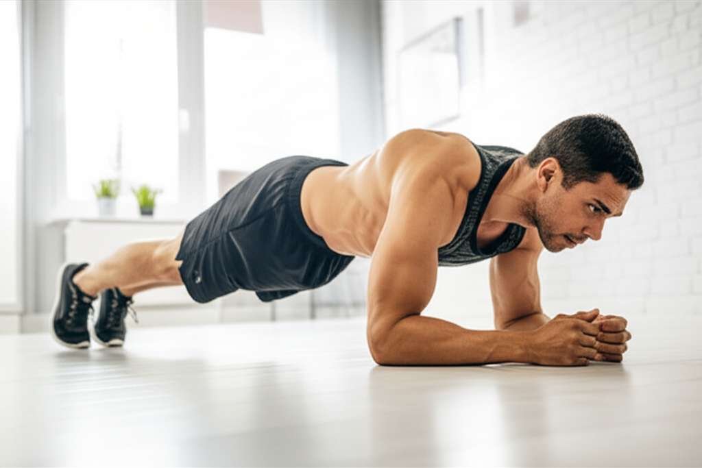 Generate a high-quality, relevant image prompt for an article about: 12 Home Workouts For Men: Blast