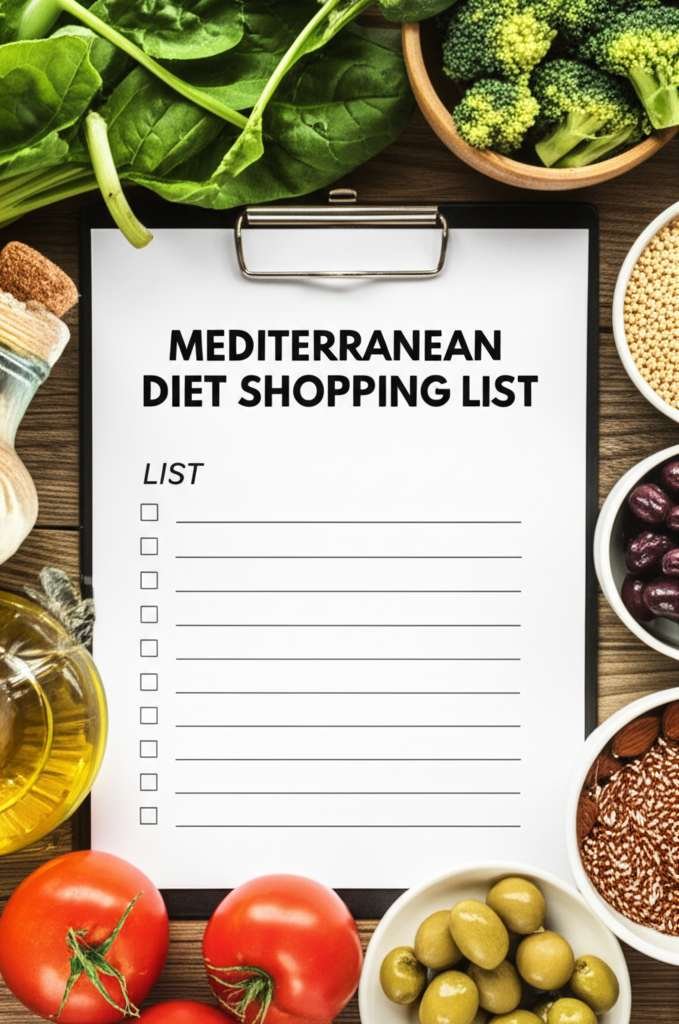 Generate a high-quality, relevant image prompt for an article about: Mediterranean Diet Shopping Lis