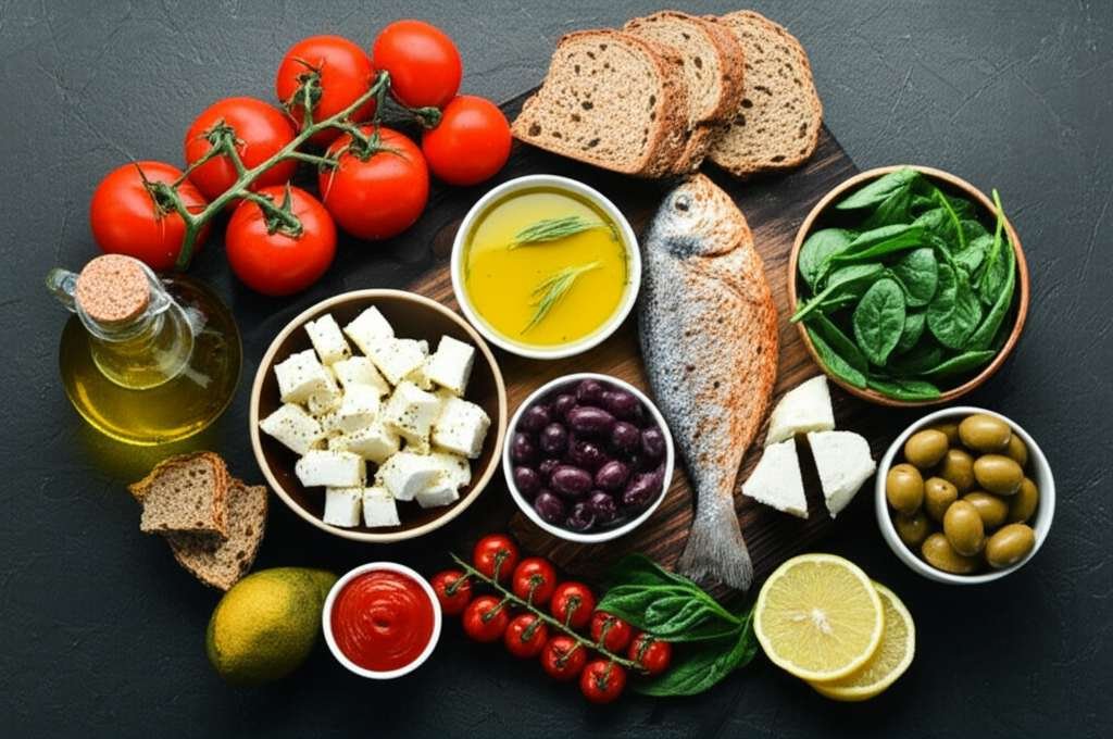 Generate a high-quality, relevant image prompt for an article about: Mediterranean Diet Benefits: Es