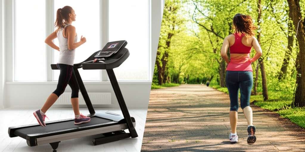 Generate a high-quality, relevant image prompt for an article about: Treadmill vs Outdoors Walking f