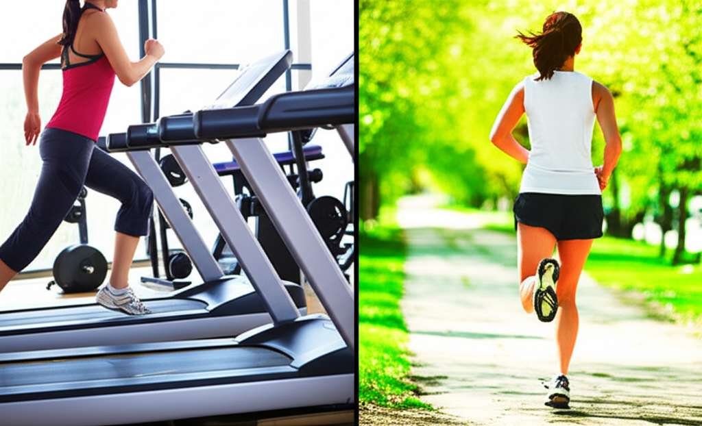 Generate a high-quality, relevant image prompt for an article about: Treadmill vs Outdoors Walking f
