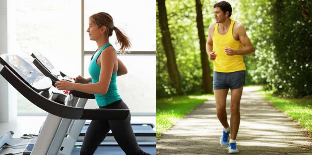 Generate a high-quality, relevant image prompt for an article about: Treadmill vs Outdoor Running Fo