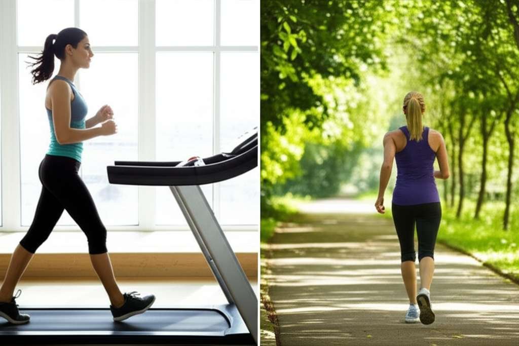 Generate a high-quality, relevant image prompt for an article about: Treadmill Walking vs Outdoor Wa