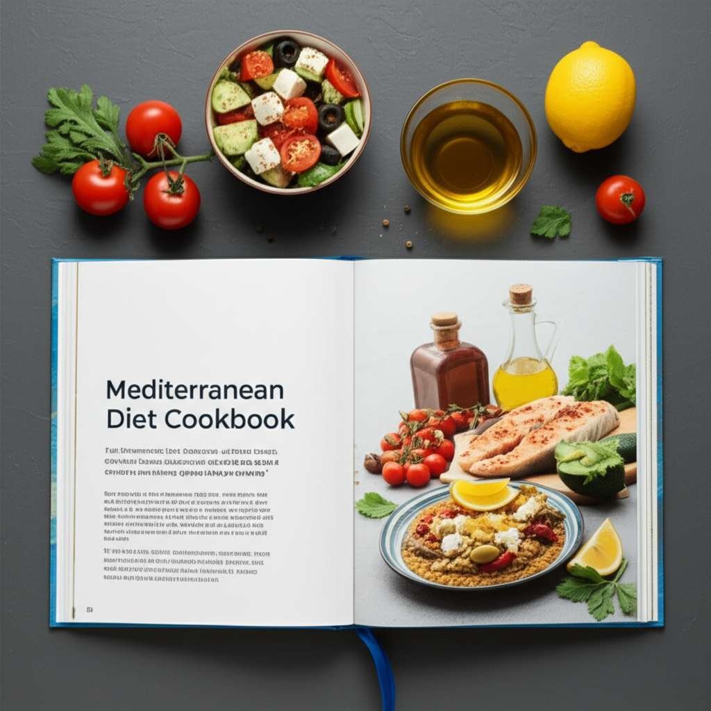 Generate a high-quality, relevant image prompt for an article about: Mediterranean Diet Cookbook: Am