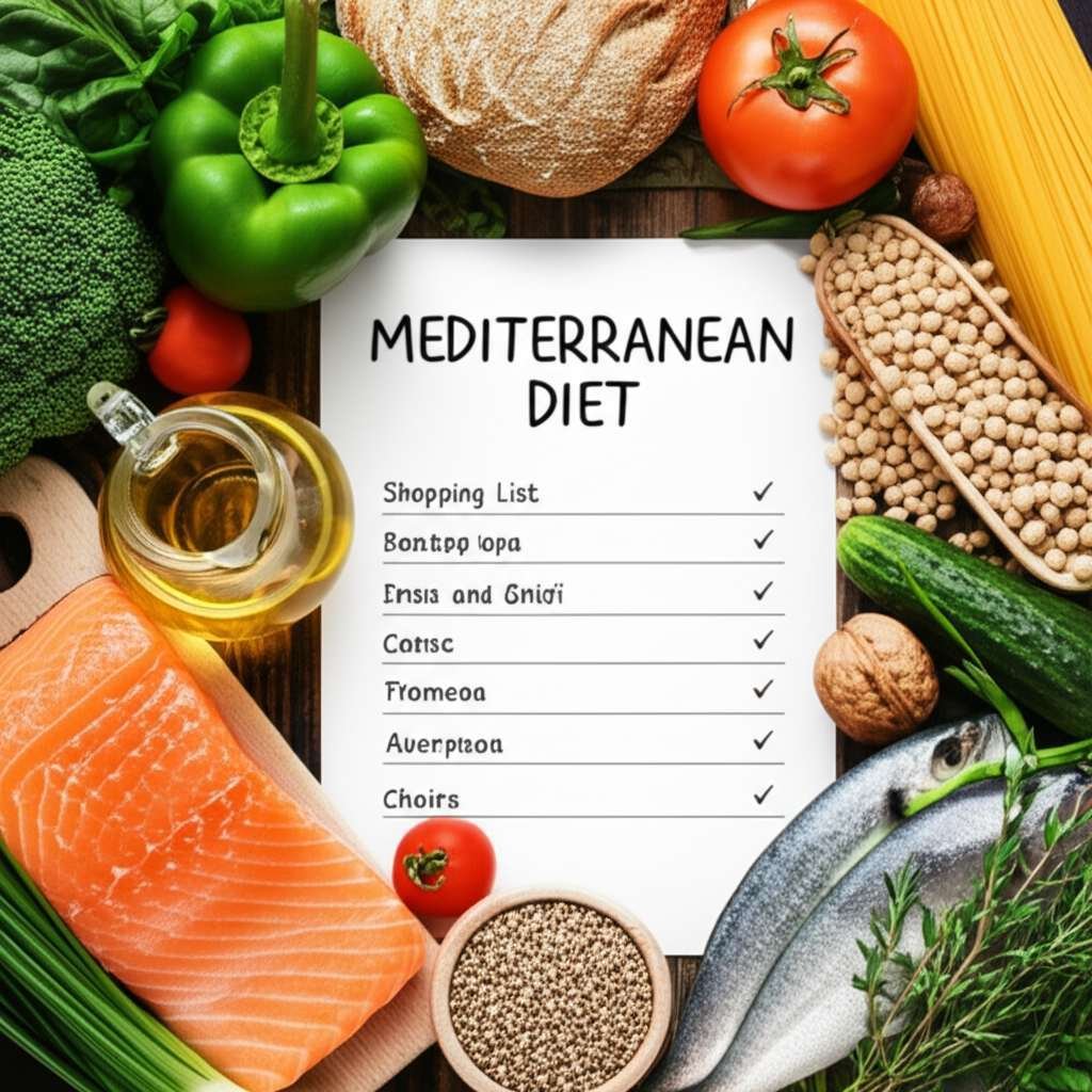 Generate a high-quality, relevant image prompt for an article about: Mediterranean Diet Shopping Lis