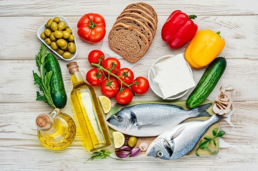 Generate a high-quality, relevant image prompt for an article about: Mediterranean Diet Shopping Lis