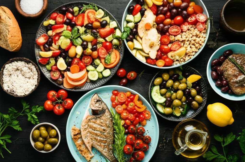 Generate a high-quality, relevant image prompt for an article about: Mediterranean Diet Meals: Amazi
