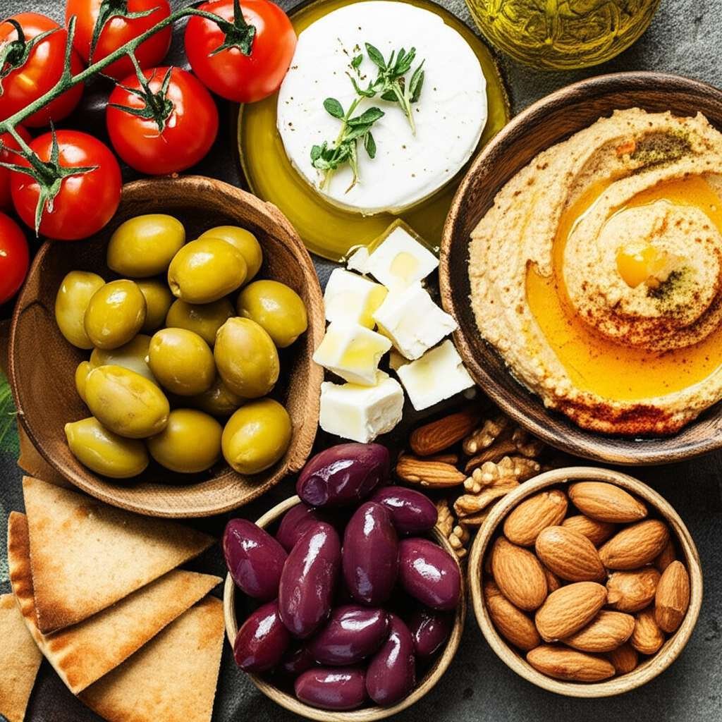 Generate a high-quality, relevant image prompt for an article about: Mediterranean Diet Snacks: Amaz