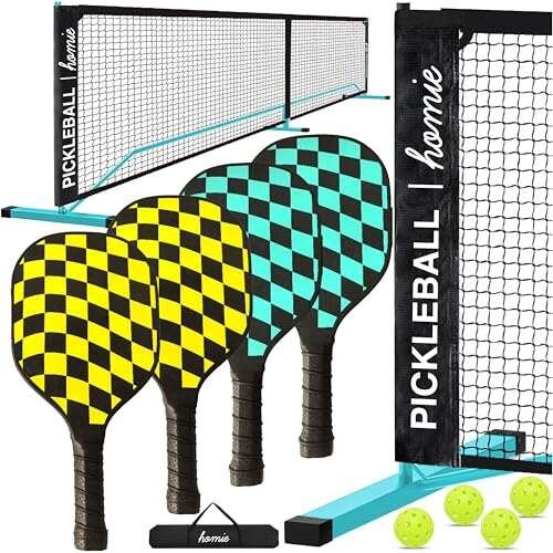 Homie Portable Pickleball Net Set with 4 Paddles and Balls.