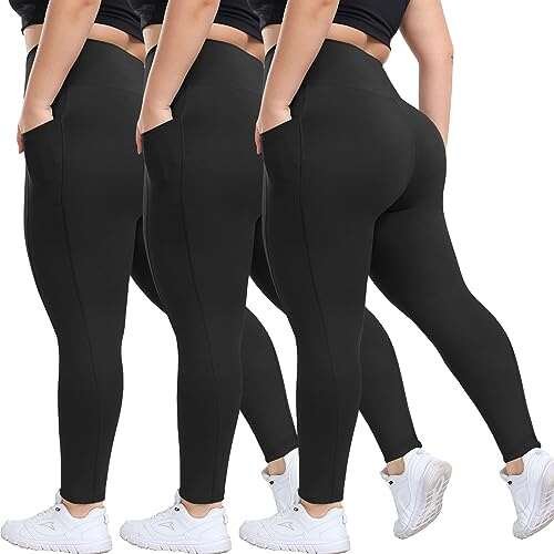 HLTPRO 3 Pack Plus Size Leggings with Pockets for Women