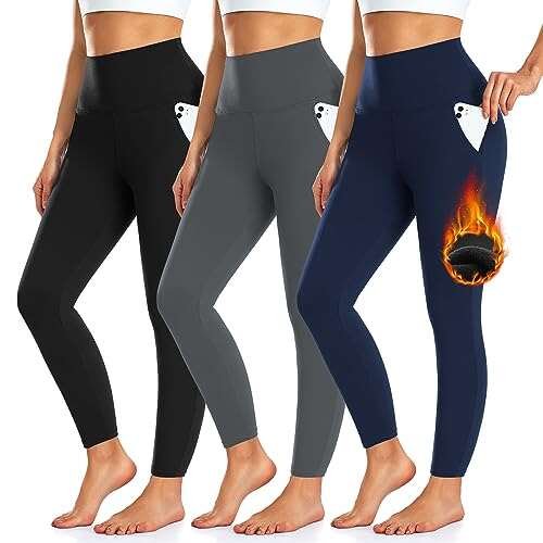 3 Pack Fleece Lined Leggings Women with Pockets Thermal Yoga