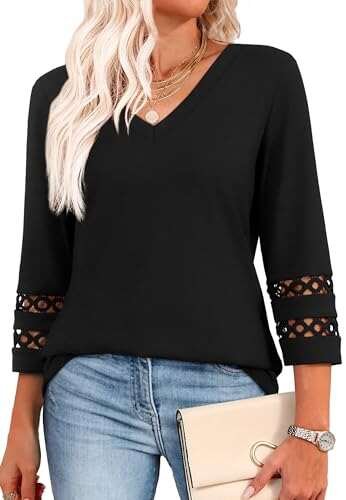 3/4 Length Sleeve Womens Tops Dressy Casual V Neck Blouses
