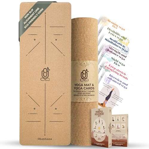 Ohmsana Natural Cork Yoga Mat with Alignment Lines, Non-Slip