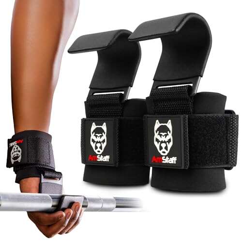 AmStaff Fitness Weight Lifting Hooks (Pair, Black) Steel...