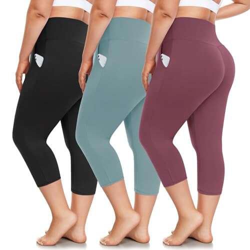 FULLSOFT 3 Pack Plus Size Capri Leggings High Waist Pockets