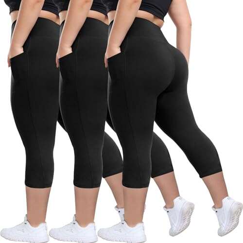 HLTPRO 3 Pack Plus Size Capri Leggings Tummy Control Pockets