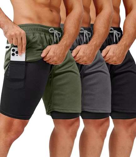 OCYMA 3 Pack Men's 2 In1 Gym Shorts with Pockets