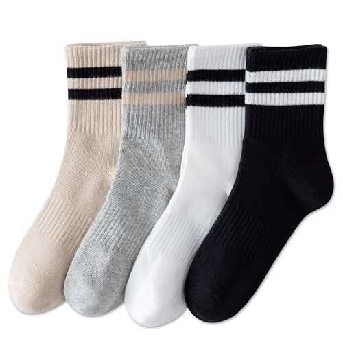 YUWELL Womens Striped Crew Socks, Cotton Cozy 4 Pairs,...